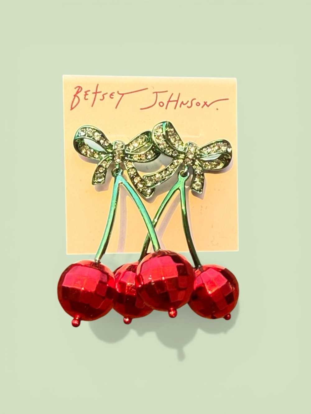 NWT Betsey Johnson Red Cherry Disco Ball Rhinestone Bow Earrings interchangeable - Picture 1 of 4